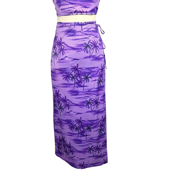 Vintage 90’s Palm Hawaiian Print Tie Halter Crop Top MIDI Wrap Skirt Set - Picture 8 of 16